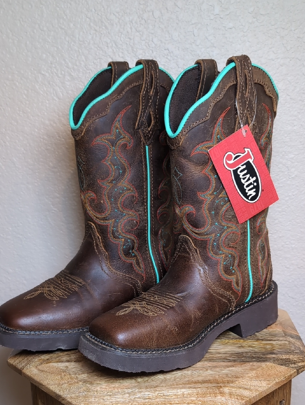 Justin Raya Brown Leather Western Boots with Teal Trim